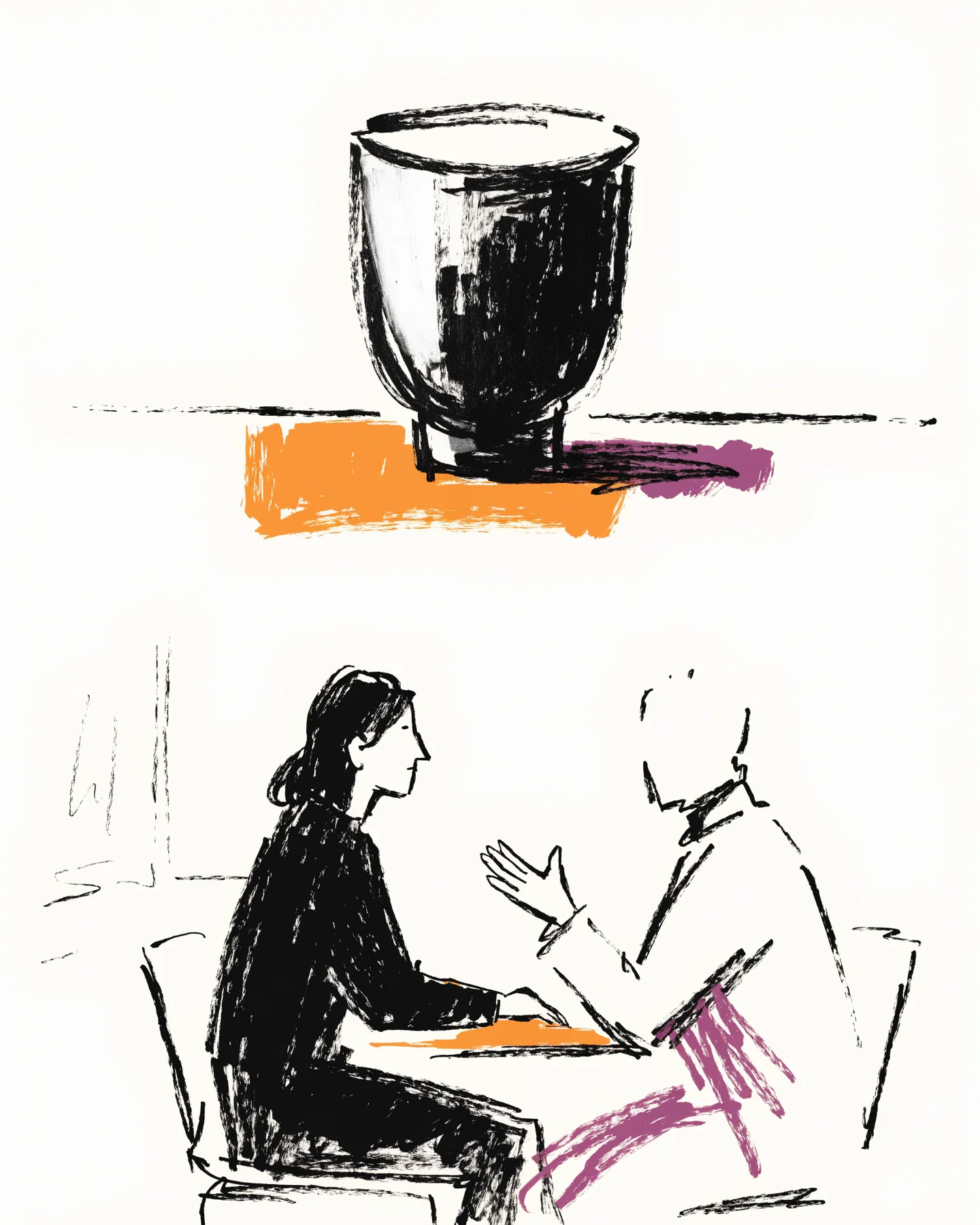 Editorial illustration separating a glass on a table from a conversation with a healthcare professional