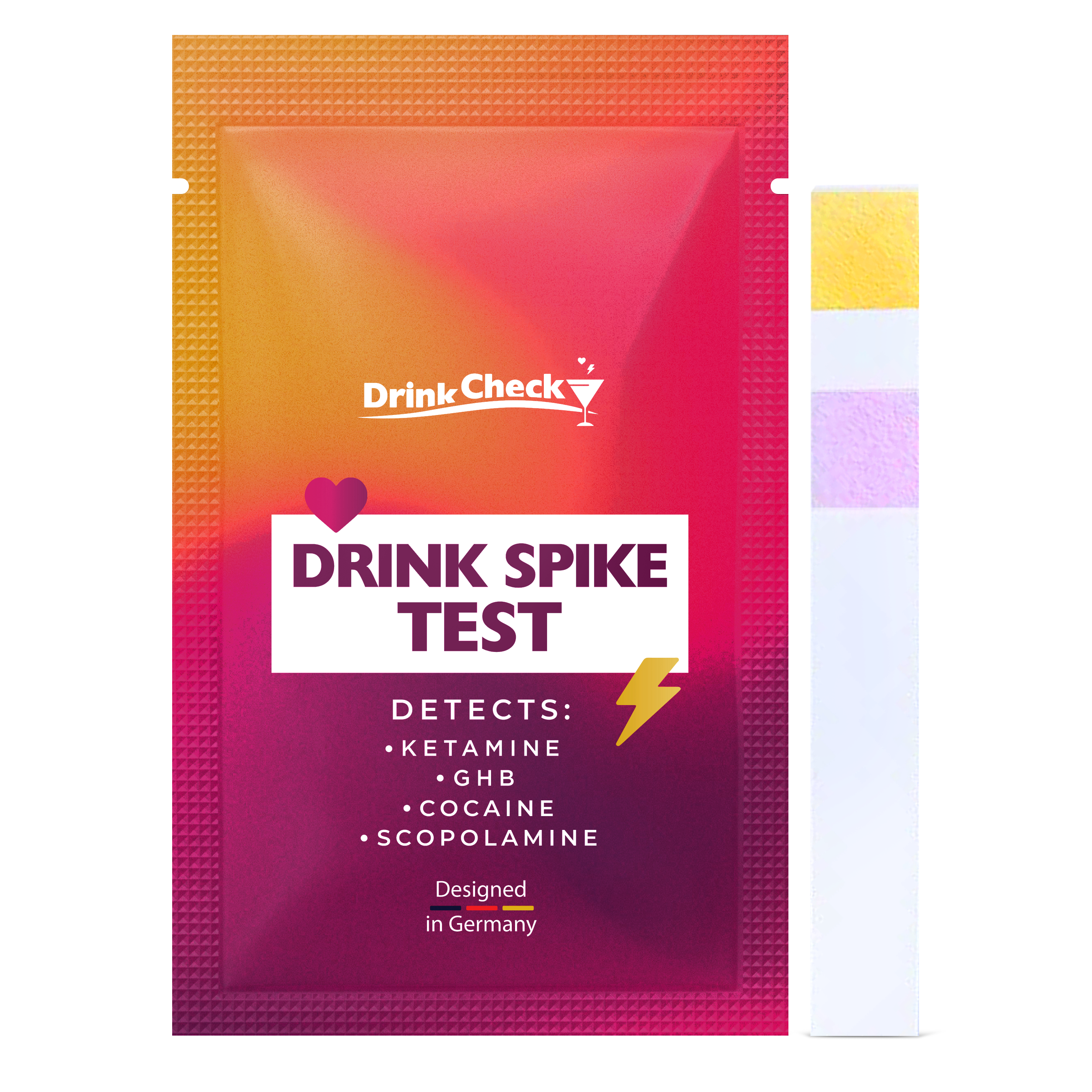 Original English DrinkCheck pouch; Original DrinkCheck test strip with yellow and pink reaction pads