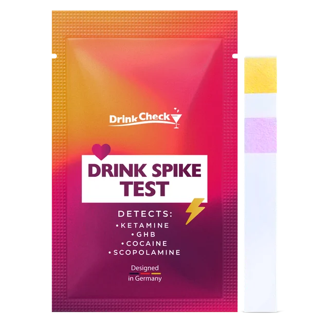 DrinkCheck drink test in its English individual pouch, beside a test strip.