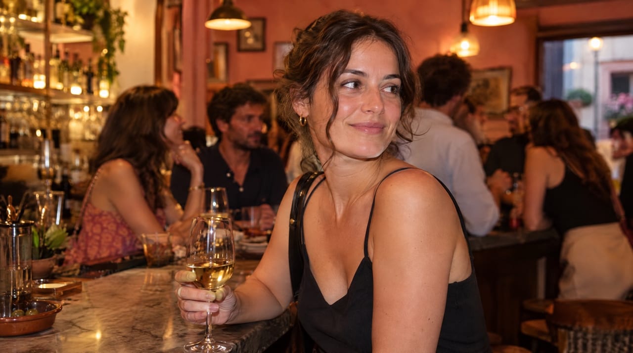 Mujer con una copa en la barra de un bar, con otras personas al fondo