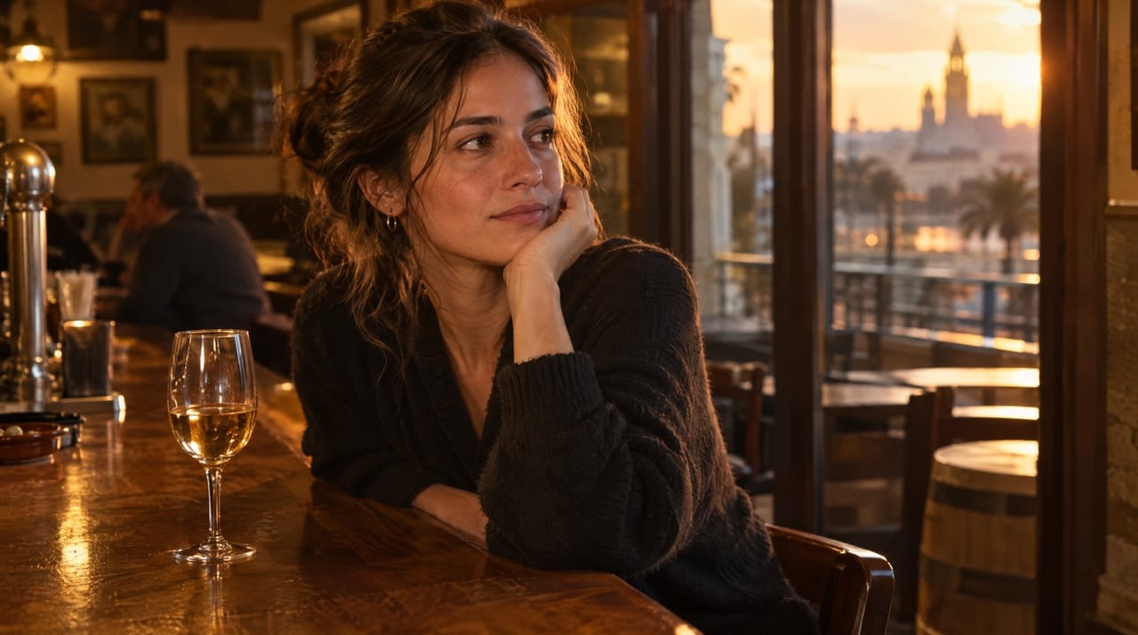 Mujer sentada en la barra de un bar al atardecer, con una copa sobre la barra