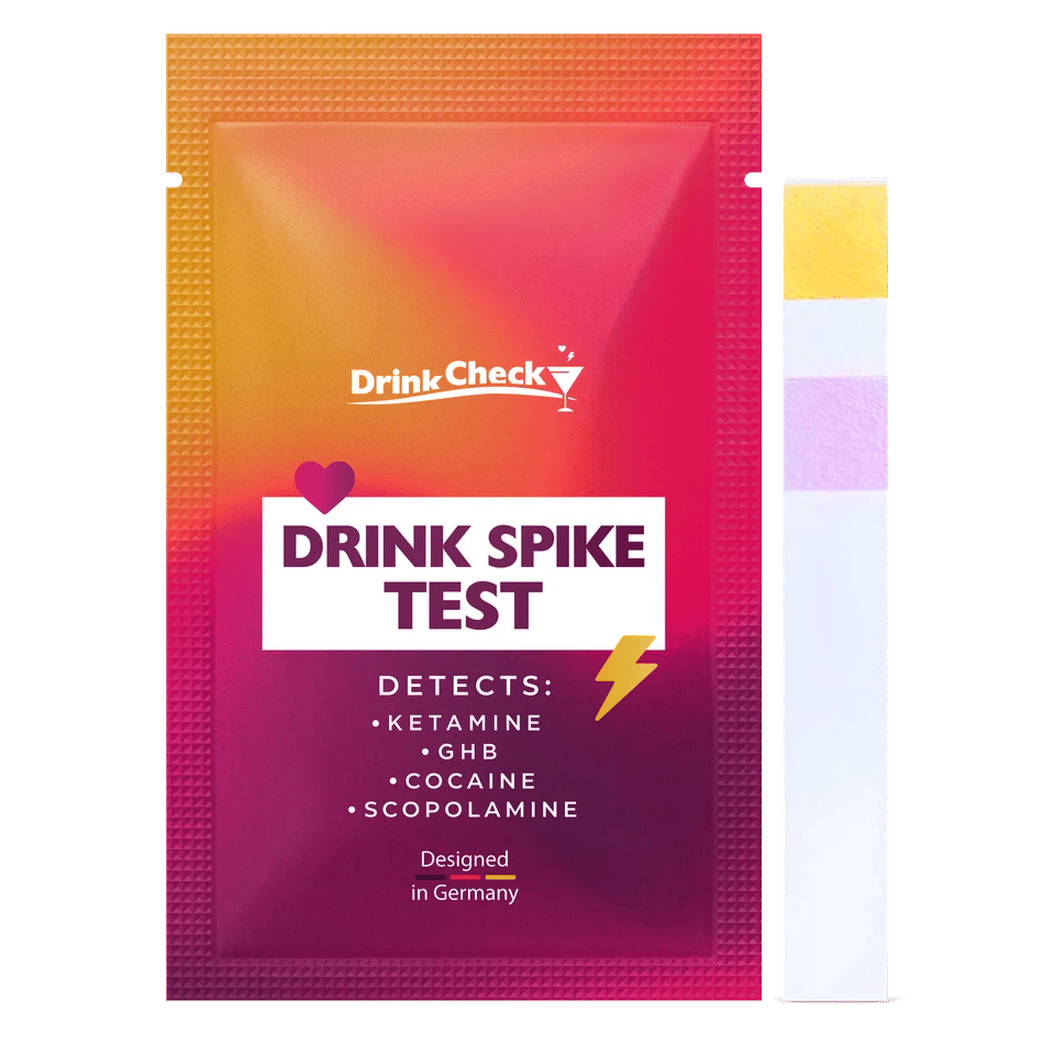 DrinkCheck drink test in its English individual pouch, beside a test strip.