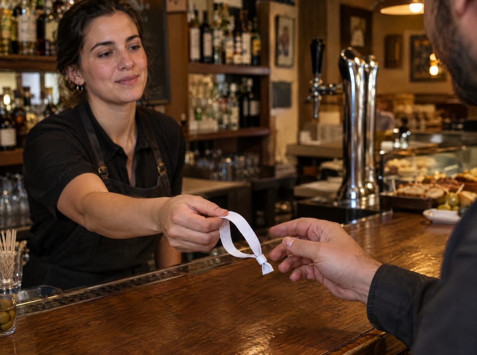 Camarero entregando una pulsera blanca a un cliente en la barra de un bar