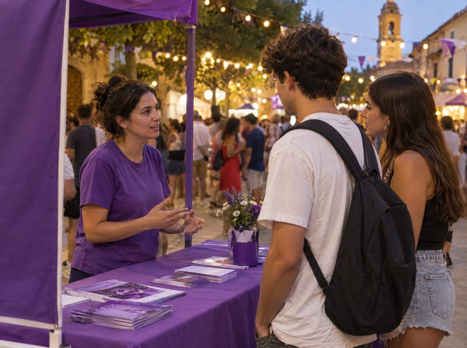 Punto violeta en una verbena de verano repartiendo material de prevención