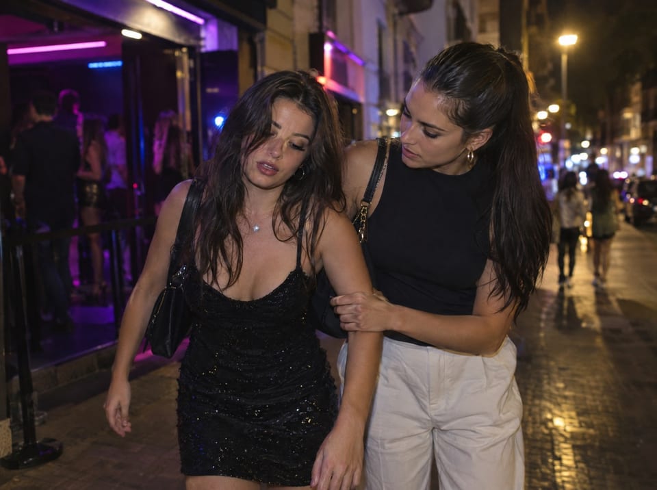 Persona mareada ayudada por una amiga al salir de una discoteca de noche