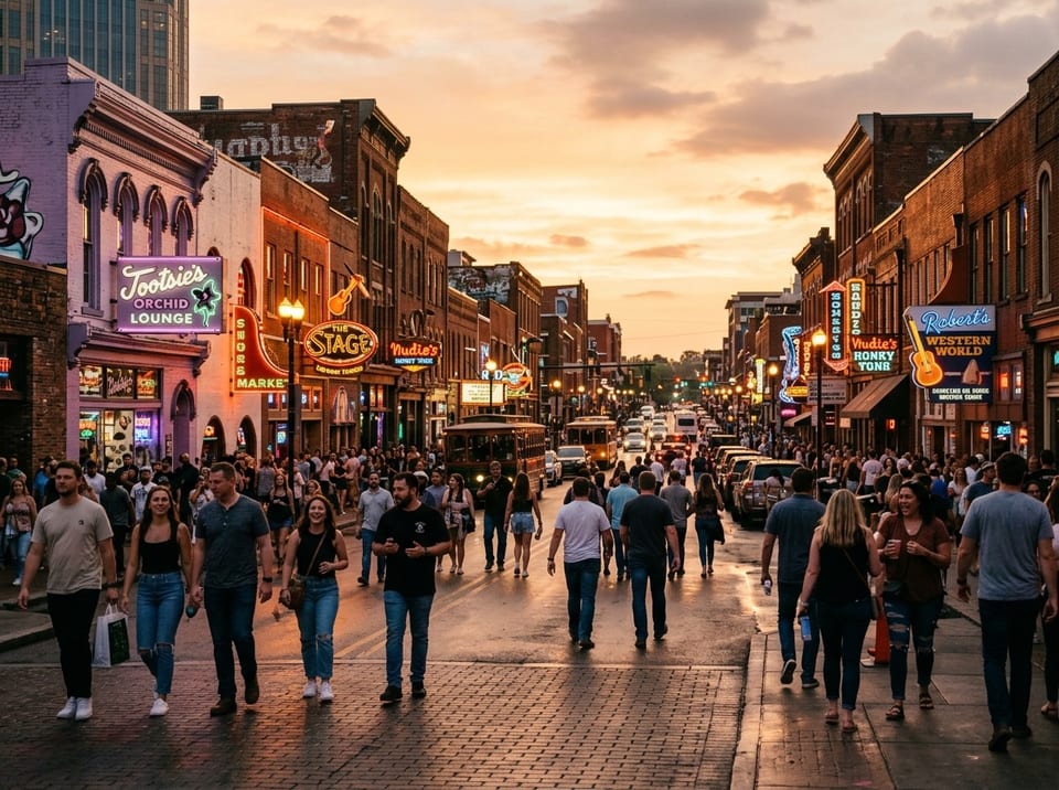 A quiet morning-after view of Nashville's Broadway, string lights fading as the city resets