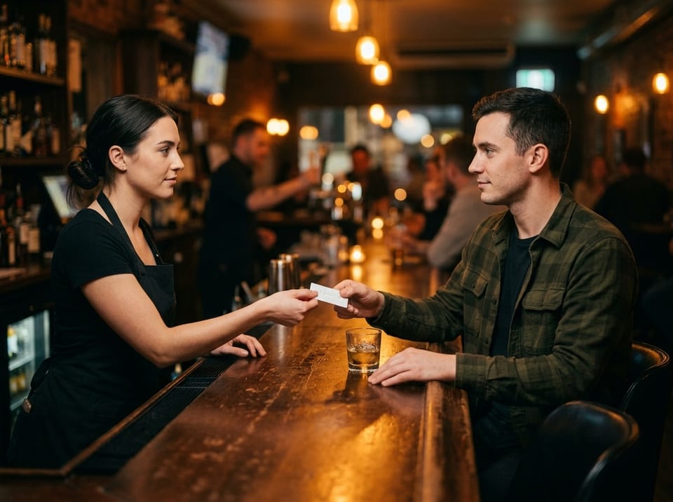 Bartender placing drink test kits and signage behind a Tempe bar before the August 1 deadline