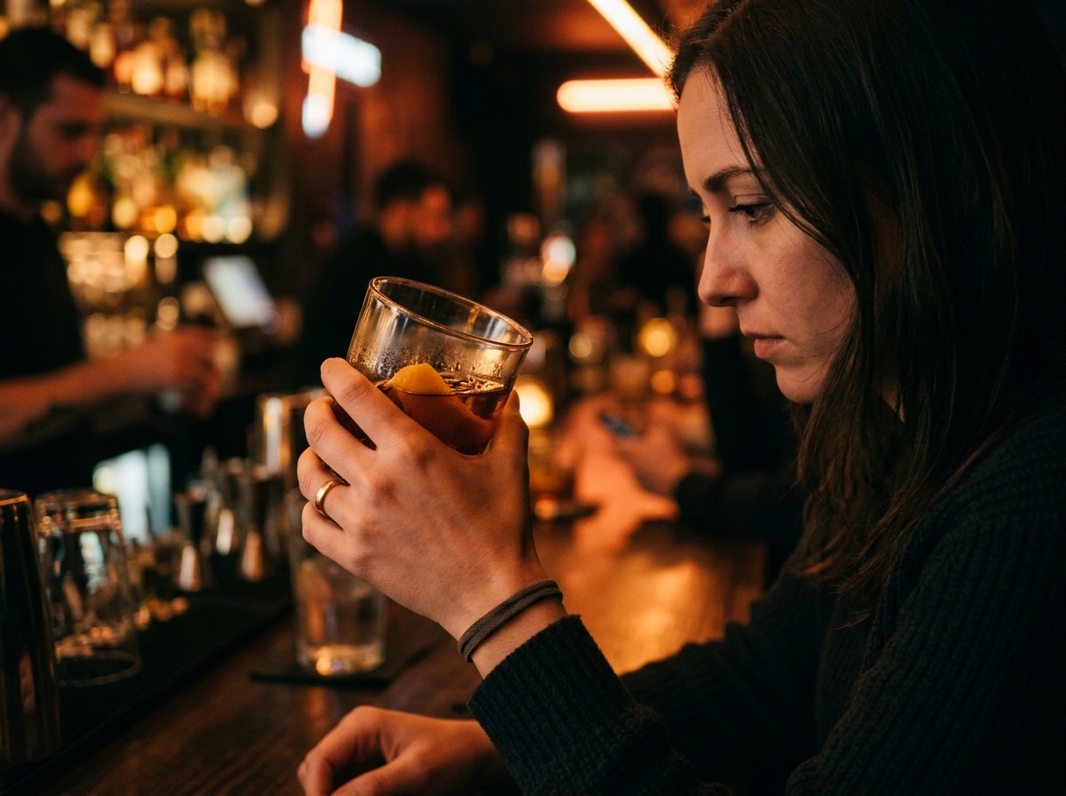 California bar staff handing drink spiking test kit to patron at counter