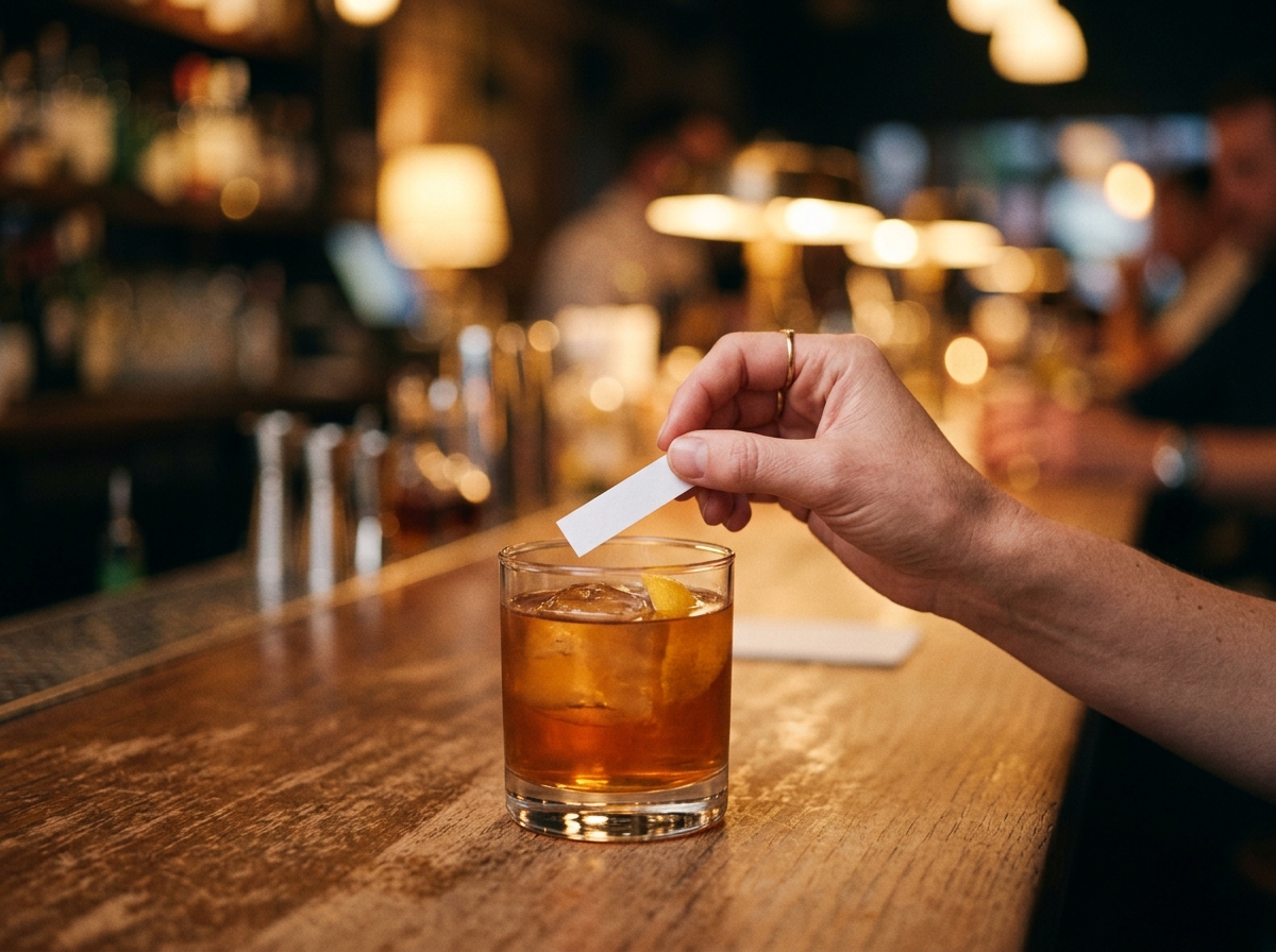 DrinkCheck strip producing color change result when dipped into a drink at a nightclub bar